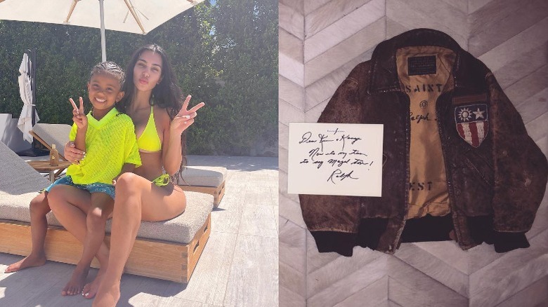 Kim Kardashian West posing with Saint West; Ralph Lauren jacket