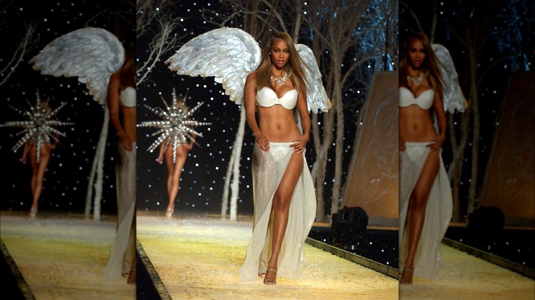 Tyra Banks wearing wings during a Victoria's Secret Fashion Show