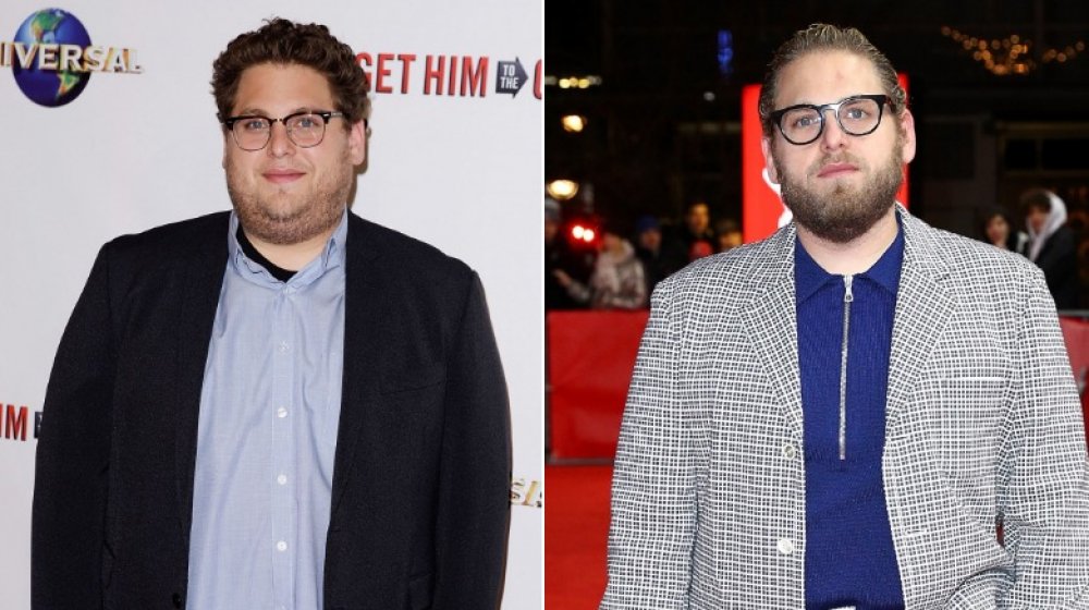 Jonah Hill, who had a celebrity weight loss transformation, in 2010 and 2019