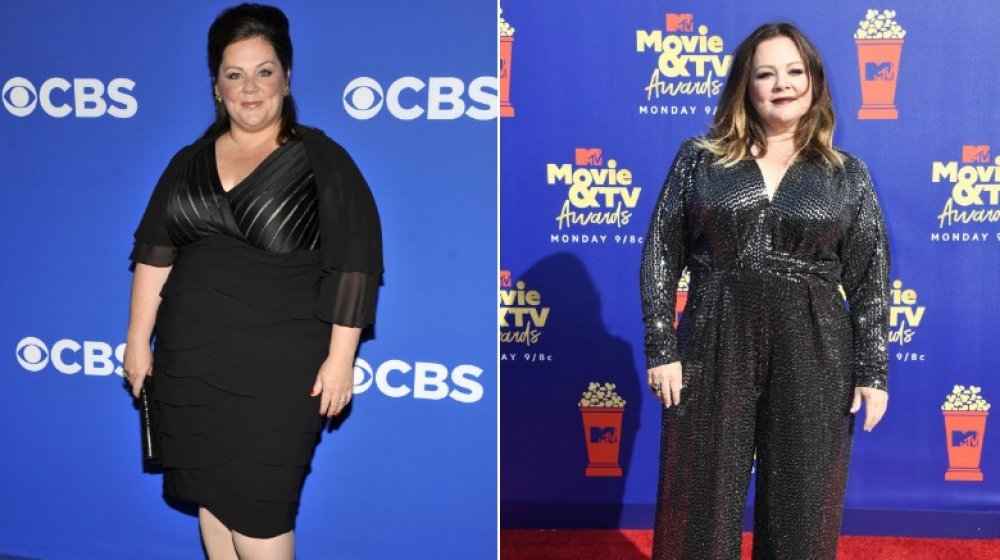 Melissa McCarthy, who had a celebrity weight loss transformation, in 2010 and 2019