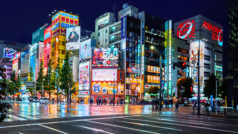 A busy street in a district of Tokyo, Japan