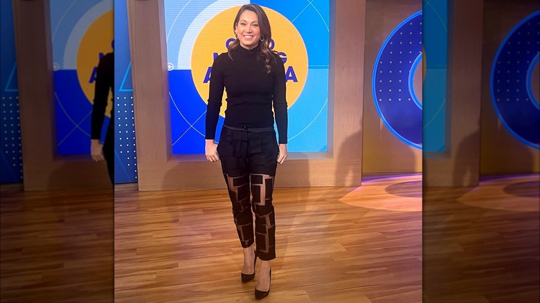 Ginger Zee in black sheer pants