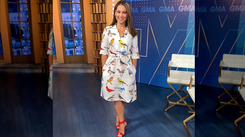 Ginger Zee in dress with big birds