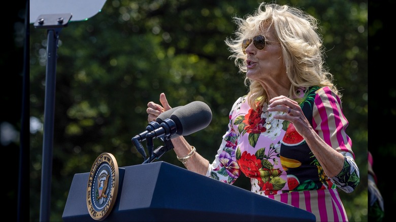 Jill Biden speaking at a podium