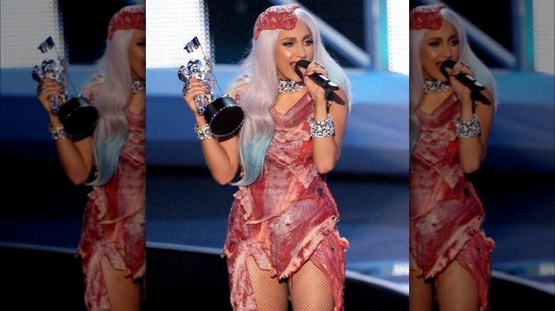 Lady Gaga wearing her meat dress