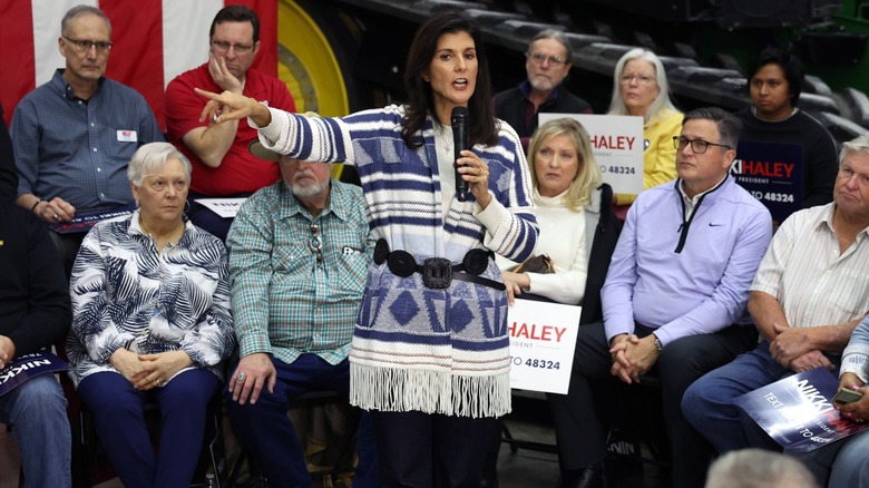 Nikki Haley wearing a fringe knit cardigan