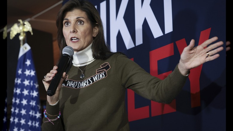 Nikki Haley wearing a slogan sweater