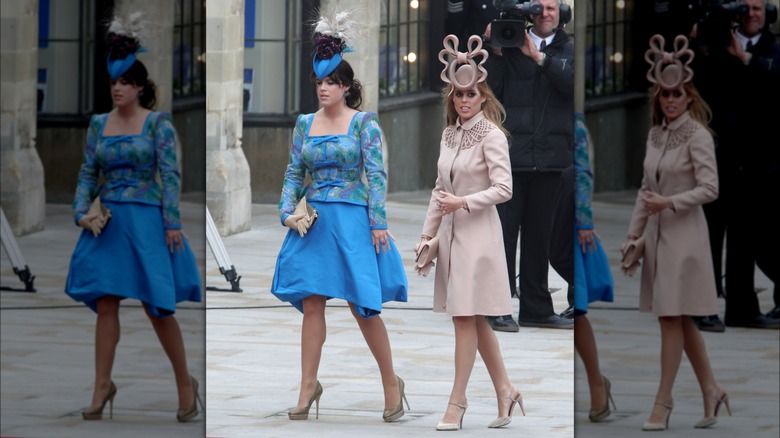 Princess Eugenie and Princess Beatrice smiling walking together