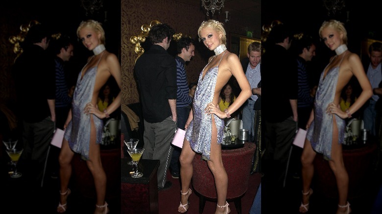 Paris Hilton wearing a sparkly silver dress at her 21st birthday party