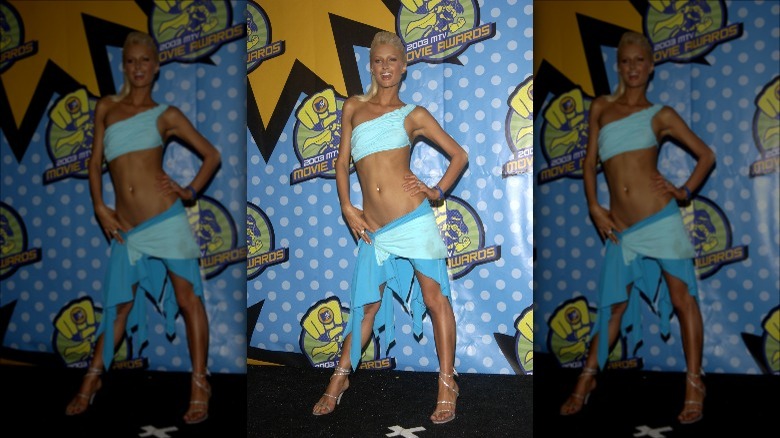 Paris Hilton wearing a light blue top and skirt at the 2003 MTV Awards