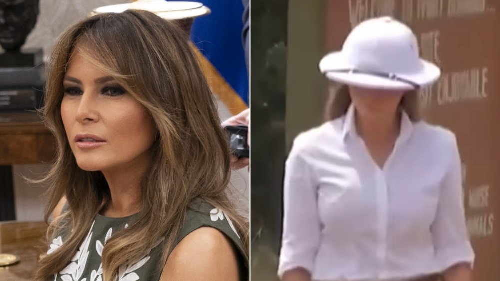 Melania Trump wearing a pith helmet, an inappropriate outfit choice for a presidential family member