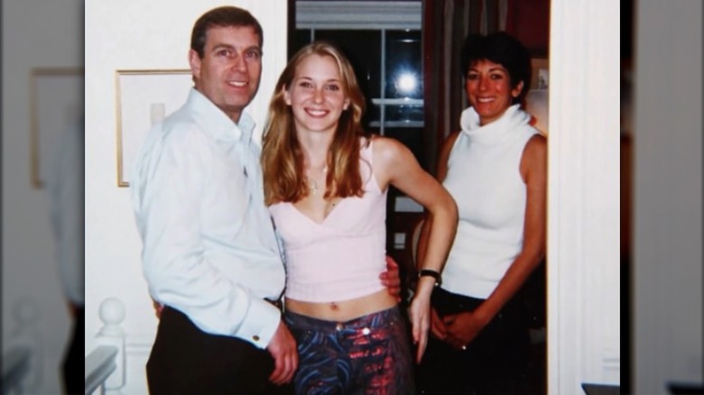 Prince Andrew, Virginia Roberts Giuffre, and Ghislaine Maxwell posing