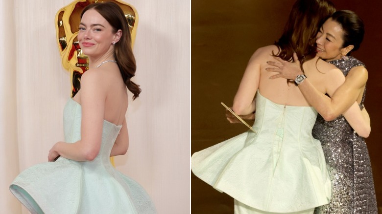 Split image of Emma Stone showing the back of her dress at the Oscars (2024)