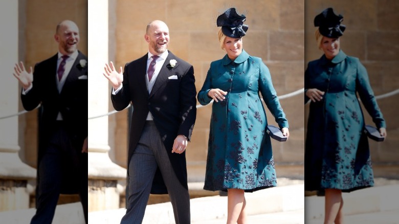 Zara and Mike Tindall smiling and waving