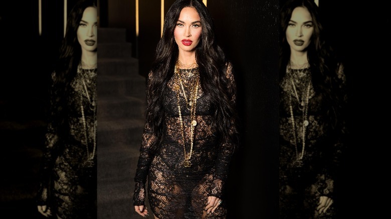 Megan Fox in sheer black lace dress