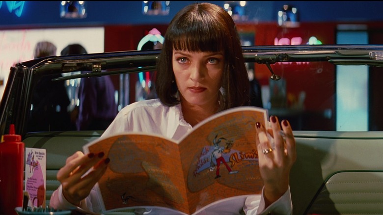Uma Thurman looking on in "Pulp Fiction"