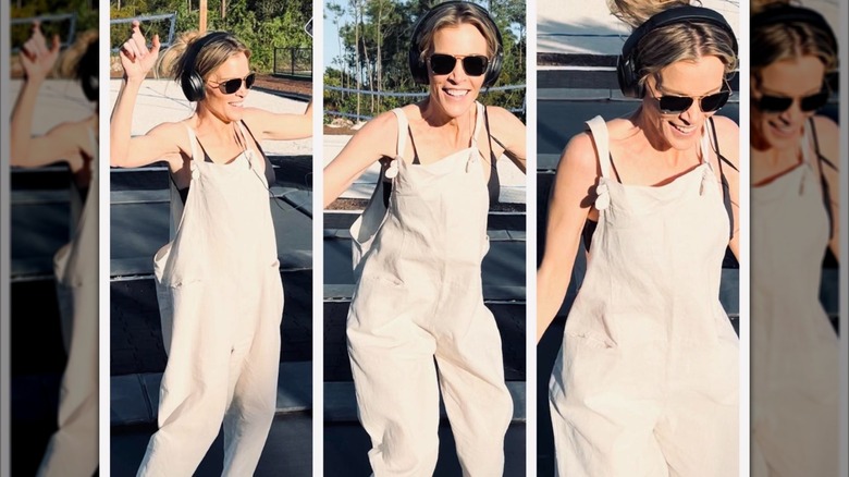 Megyn Kelly in three side-by-side photos, outside on a trampoline, wearing baggy overalls, headphones, and sunglasses.