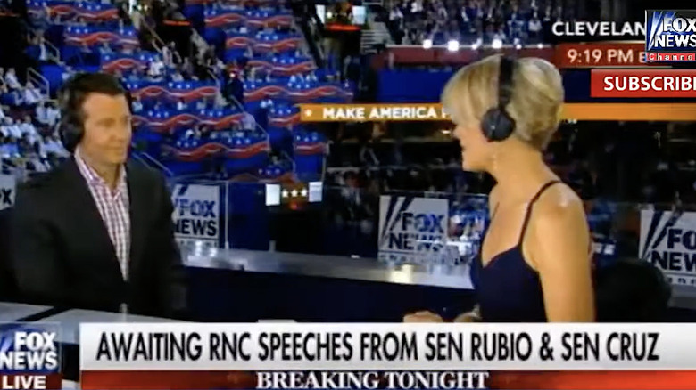 Megyn Kelly on air at the RNC, wearing a spaghetti-strap dress.