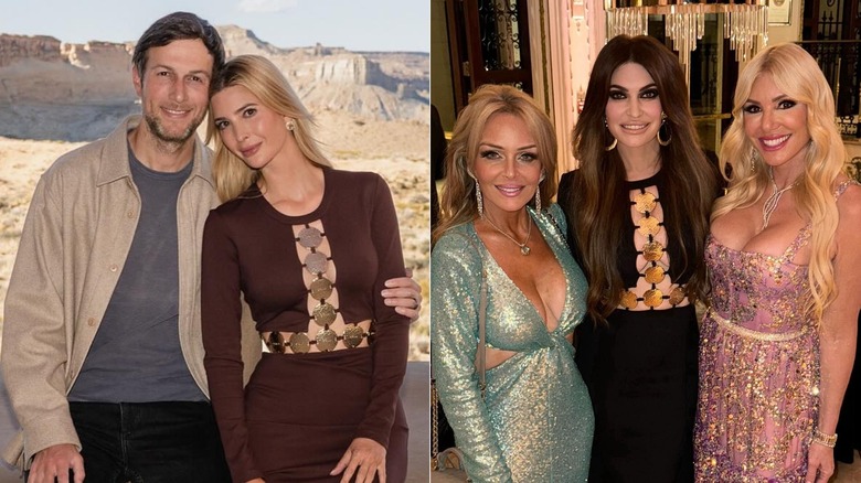 Split image of Jared Kushner and Ivanka Trump posing (L) and Kimberly Guilfoyle smiling with two friends in the same dress (R)