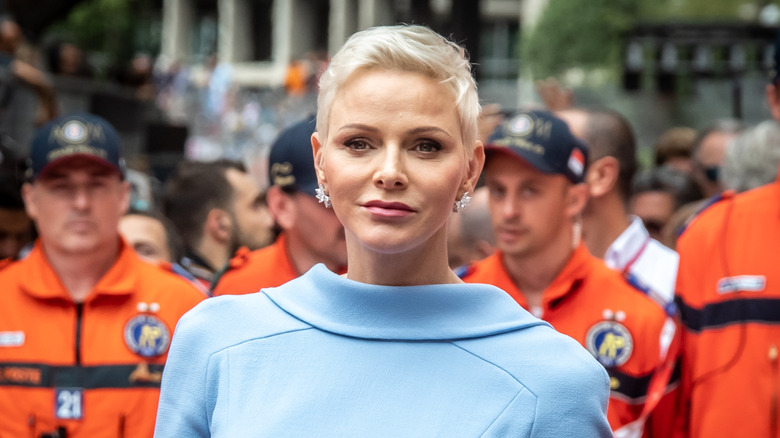 Princess Charlene in blue jumpsuit at Monaco Grand Prix