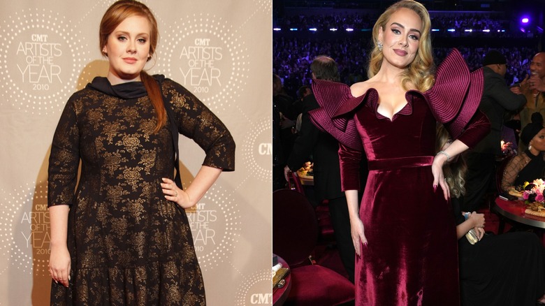 Adele in black patterned dress with red hair and in marroon dress with big sleeves and blonde hair