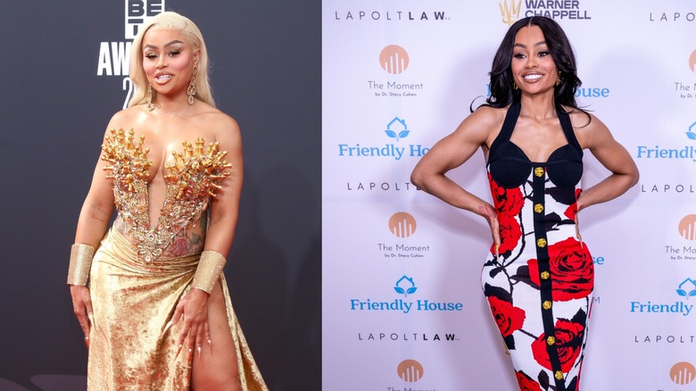 Blac Chyna in gold strapless gown and blonde hair and in red and black dress wtih dark hair