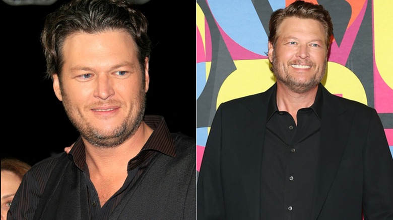 Blake Shelton in black shirt and vest and Blake Shelton in black suit and shirt smiling