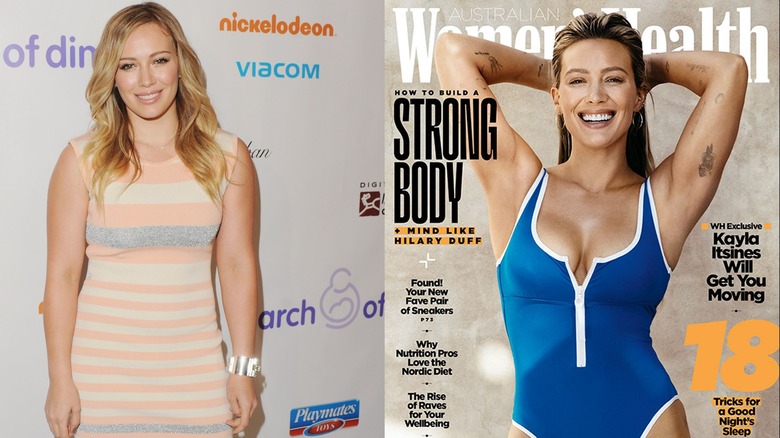 Hilary Duff in pastel strripe dress and on cover of Women's Health Australia