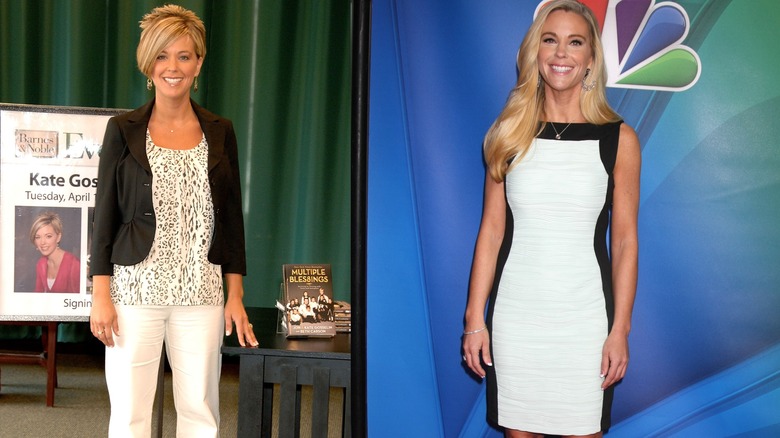 Kate Gosselin in white pants and black jacket with short hair and in white and black dress with long hair