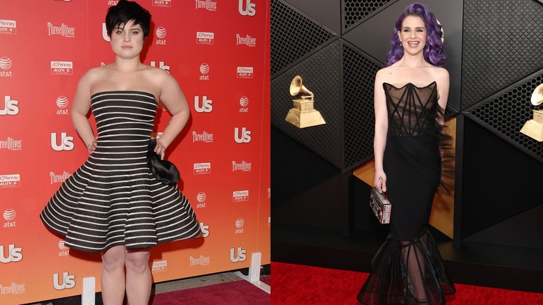 Kelly Osbourne in striped dress with short dark hair and in black dress with blonde hair