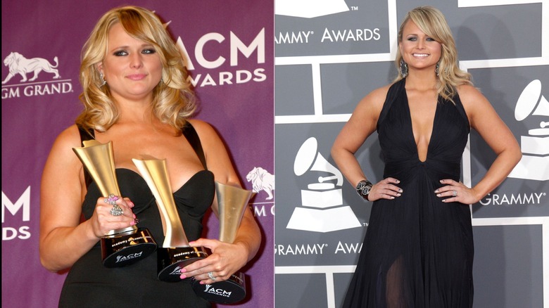 Miranda Lambert in black dress holding awards and in plunging black gown at Grammys