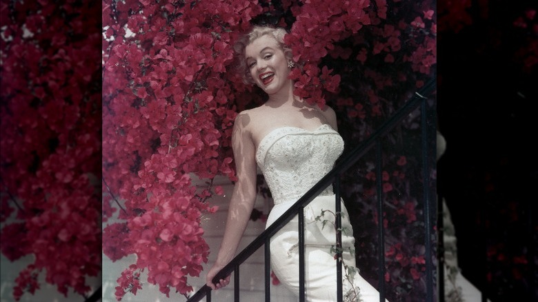 Marilyn Monroe smiles for a photo in front of blooming pink flowers