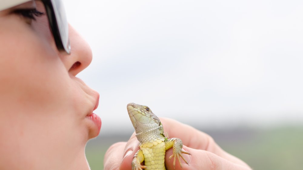 woman almost kissing a lizard
