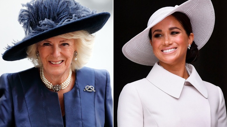 Camilla Parker Bowles wearing blue and Meghan Markle wearing white as power colors