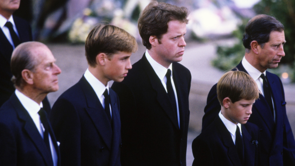 Prince Philip, Prince William, Earl Charles Spencer, Prince Harry, and Prince Charles on day of Diana's funeral