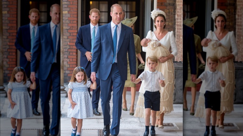 Prince Harry, Prince William, and Kate Middleton walking with Princess Charlotte and Prince George