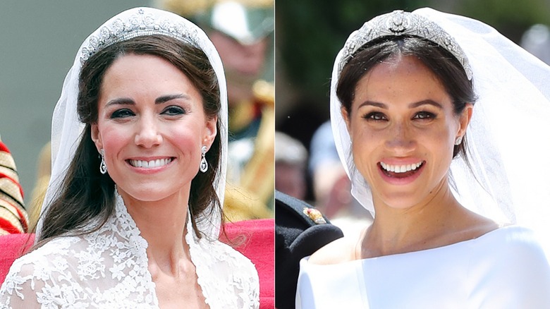 Side by side of Kate Middleton smiling at her wedding (2011) and Meghan Markle smiling at her wedding (2018)