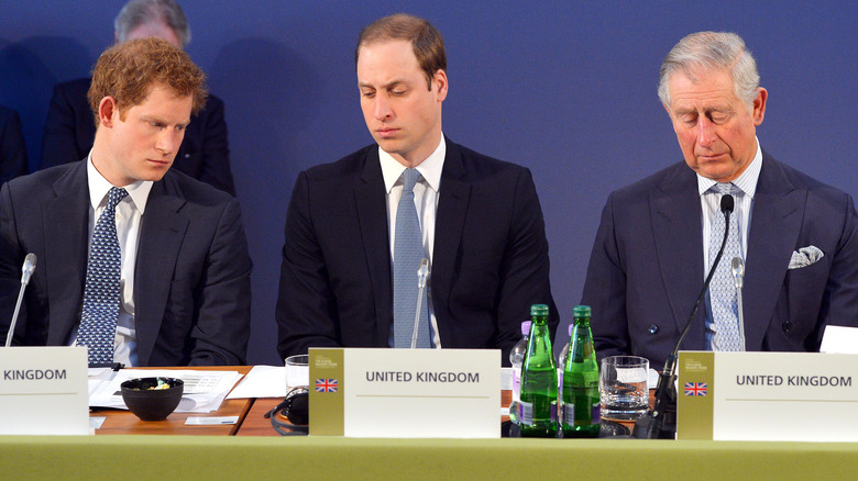 Prince Harry, Prince William and Prince Charles look despondent at an event