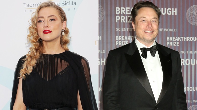 Split image of Amber Heard and Elon Musk smiling on red carpets