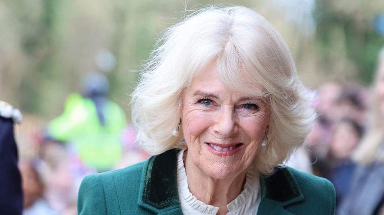 Queen Camilla arrives at she arrives at an event 
