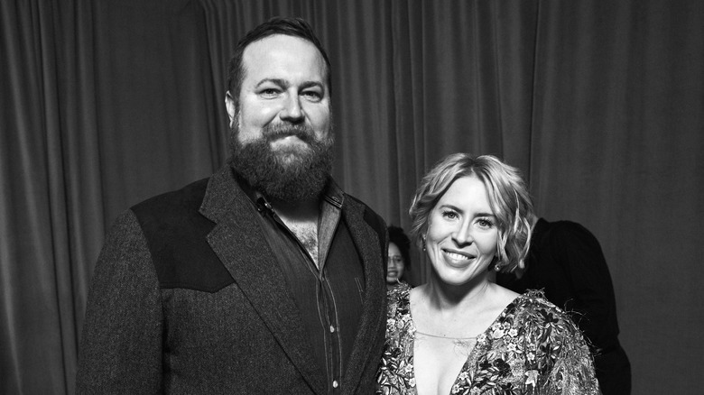 Erin and Ben Napier pose in black and white photo