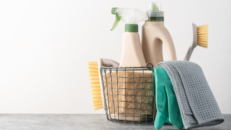 Cleaning items sitting in a basket