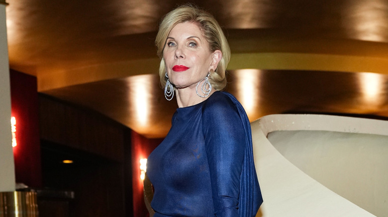 Christine Baranski looking confident in navy blue