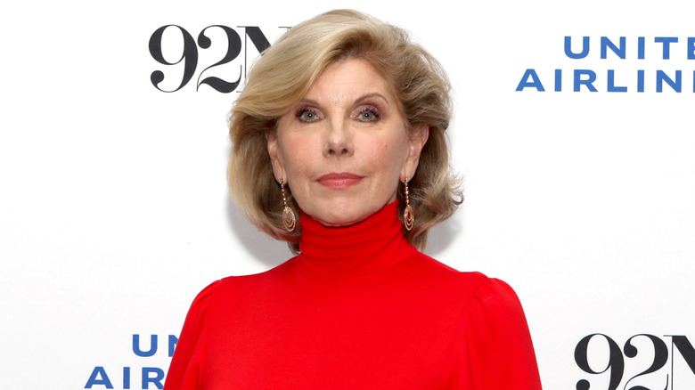 Christine Baranski looking formidable in a red turtleneck