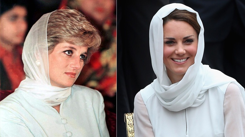 Side-by-side of Princess Diana and Kate Middleton in white headscarves