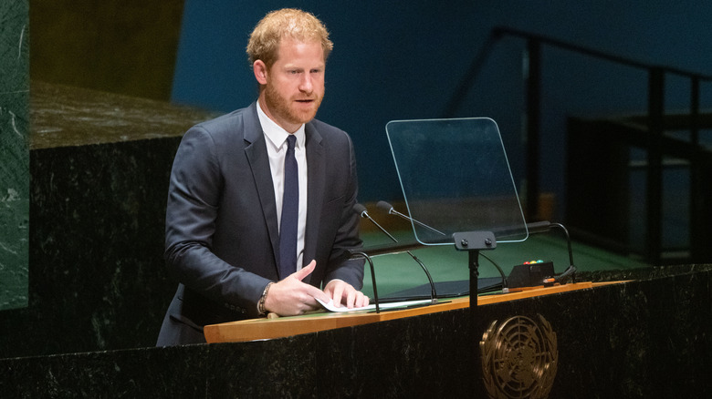 Prince Harry speaks onstage at the UN