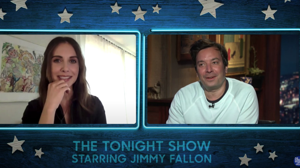 Alison Brie talking virtually to Jimmy Fallon 