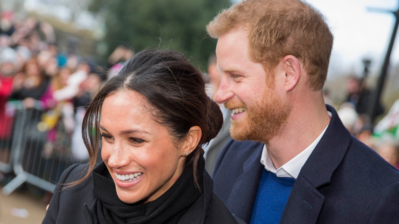 Meghan Markle and Prince Harry smiling at a large crowd