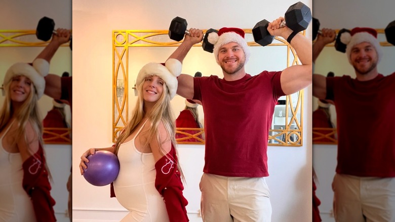 Mike Holmes Jr. and Lisa Marie Holmes posing in santa hats