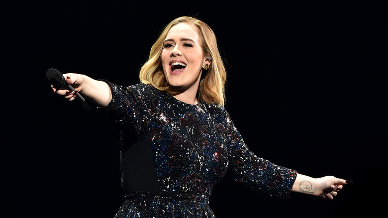 Adele holds the microphone out at her concert